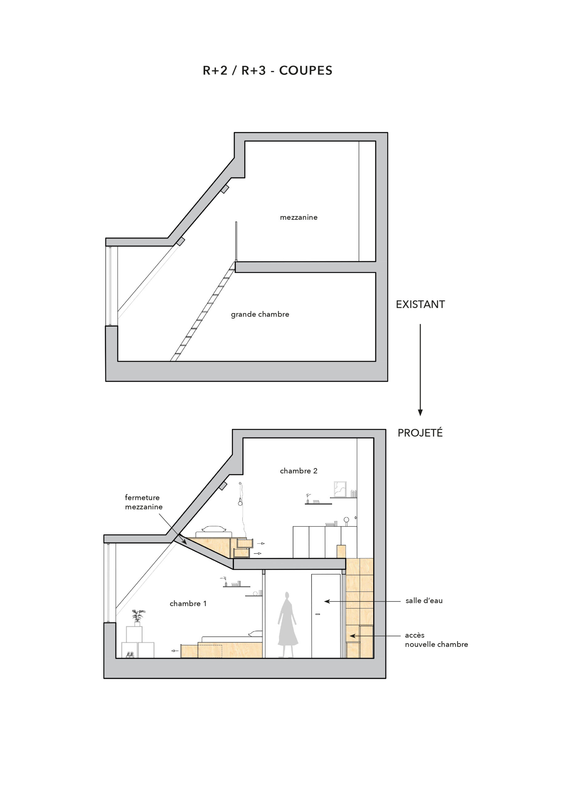 coupe architecture ; chambre sous comble ; plan avant après